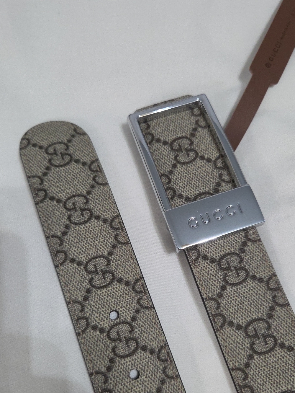 Gucci Reversible Brown Monogram Belt Silver Square Buckle 95cm